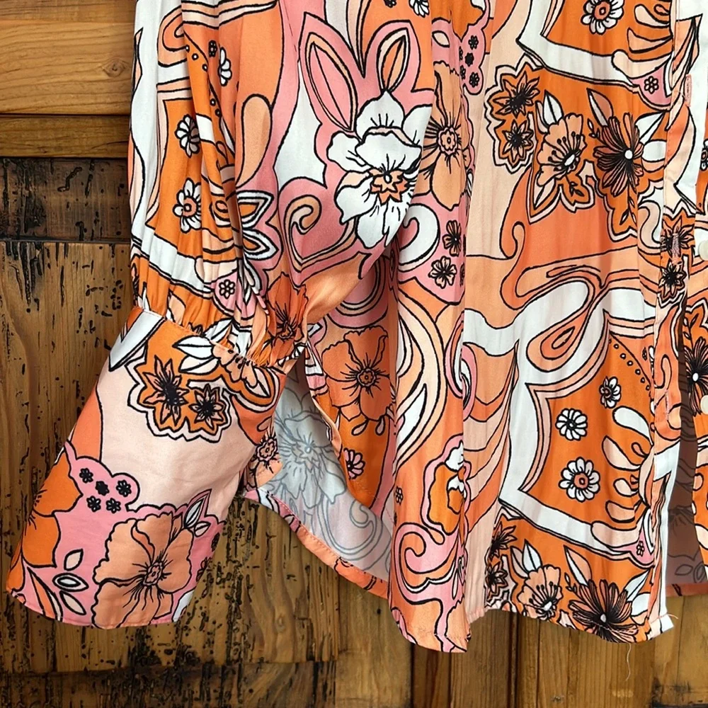 Free People Serena Printed Button Down Silky Floral Boho 70’s Top Blouse Shirt - Picture 5 of 13